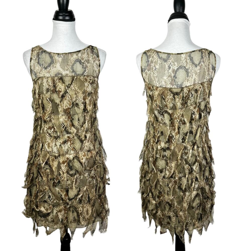 Worth | Petites Tan & Brown Snakeskin Reptile Tiered Frayed Silk Sheath Dress
